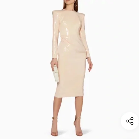 NWT Alex Perry nude sequin long sleeve midi cocktail dress US 6 $2750 Retail - Picture 1 of 13